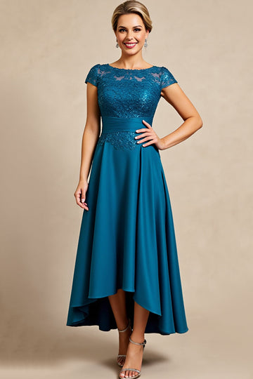 Peacock Blue A Line Cap Sleeves Long Mother of the Bride Dress with Lace